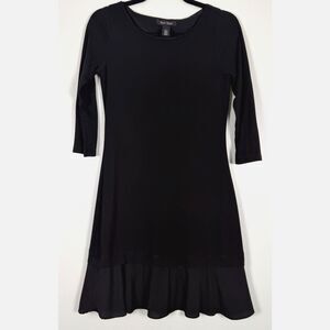 WHBM Black Dress XS Ruffle Hem 3/4 Sleeve Stretch Career Classic